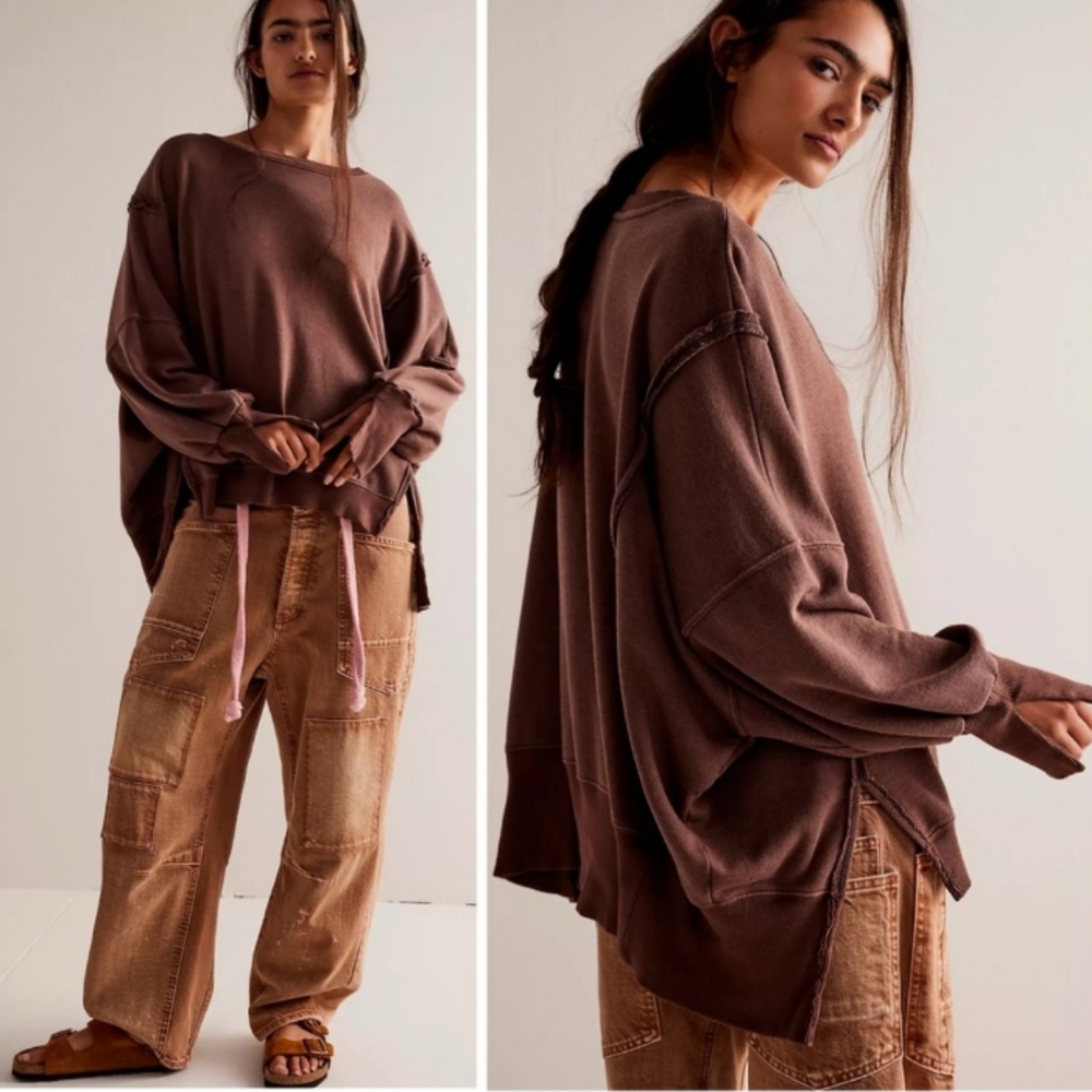 NWT FREE PEOPLE CAMDEN Chocolate Brown OVERSIZED PULLOVER Sweatshirt We the Free
